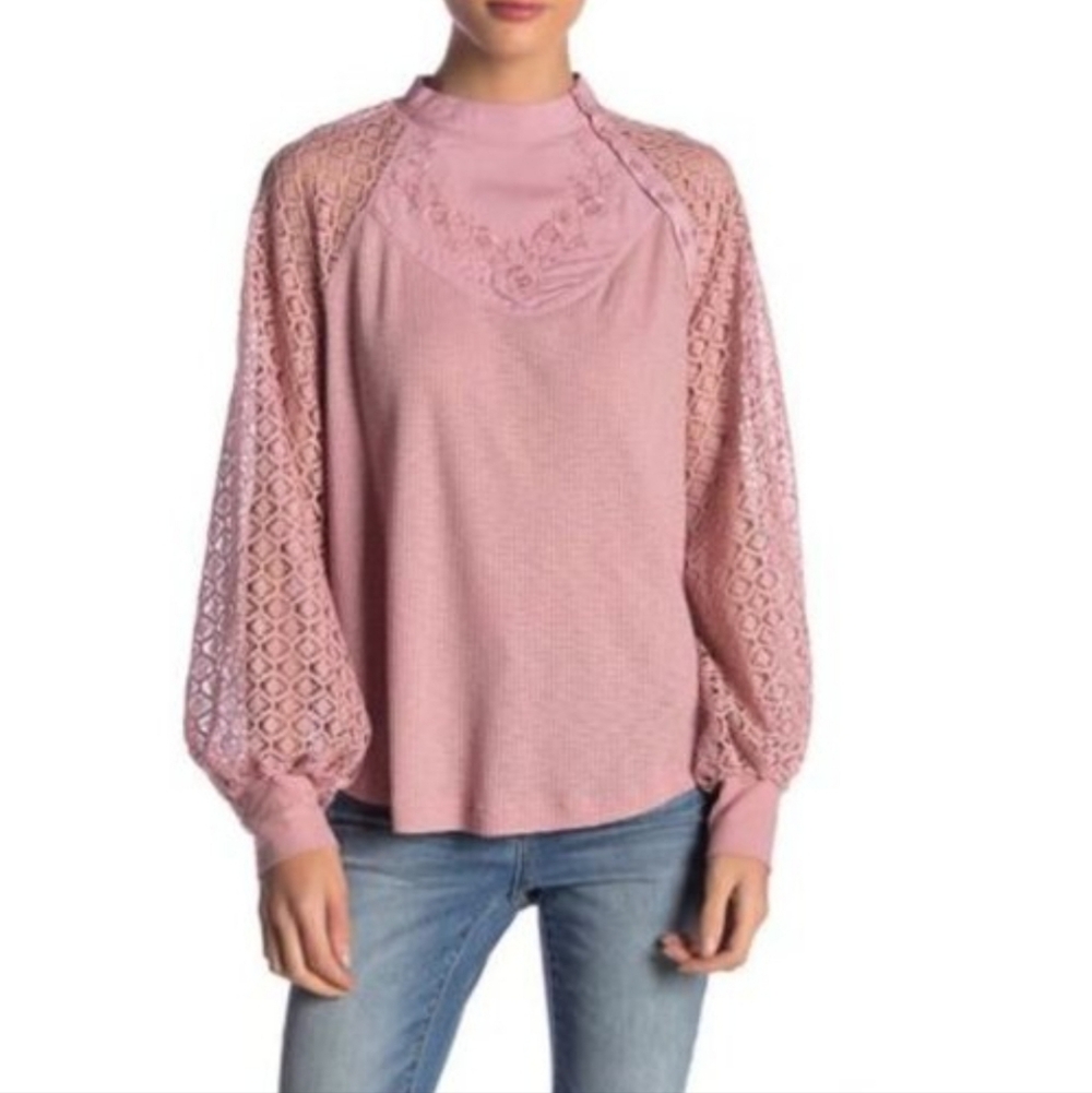 💎 Free People Women's Top Sweetest Thing Lace Sleeve Thermal #0320